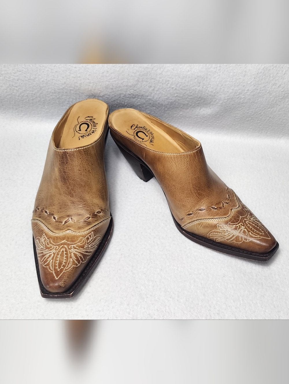 Charlie 1 Horse by Lucchese Leather Mules Women’s Brown Tooled Slip-On